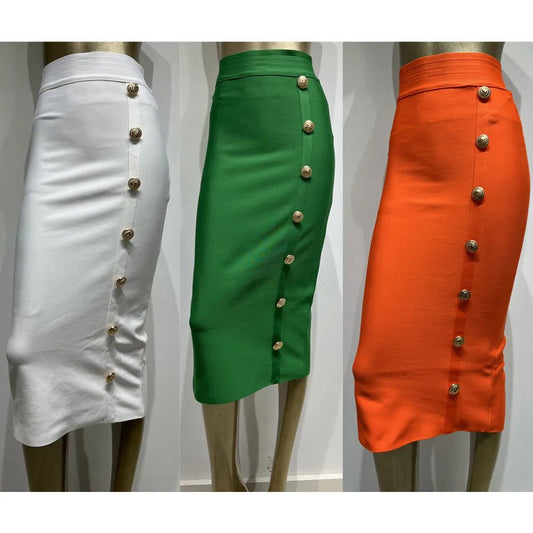 Spring New Women Bandage Skirts Elegant High Waist Midi Calf Gold Buttons Pencil Skirt High Street Office Lady Formal Clothing - Chrissy's Eye
