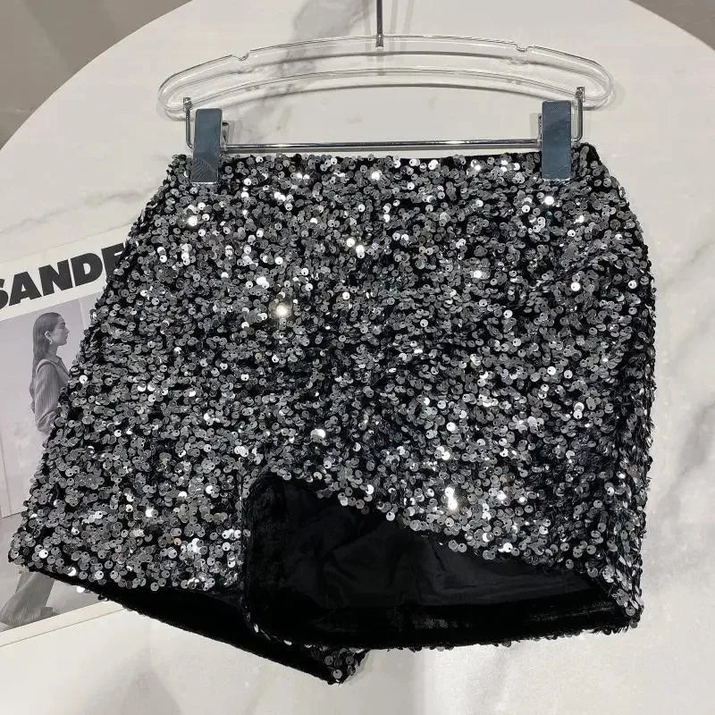 New Autumn Black Velvet Shorts Women Sequined Shiny Versatile Short Pants Clubwear Shorts Hot Pants High Street - Chrissy's Eye
