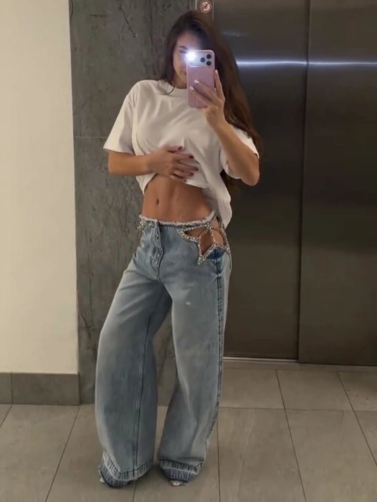 Low-Rise Raw Hem Rhinestone Star Cut-Out Jeans Baggy Wide Leg 2026 Summer Chic Women Denim Pants Causal Versatile Lady Bottoms - Chrissy's Eye