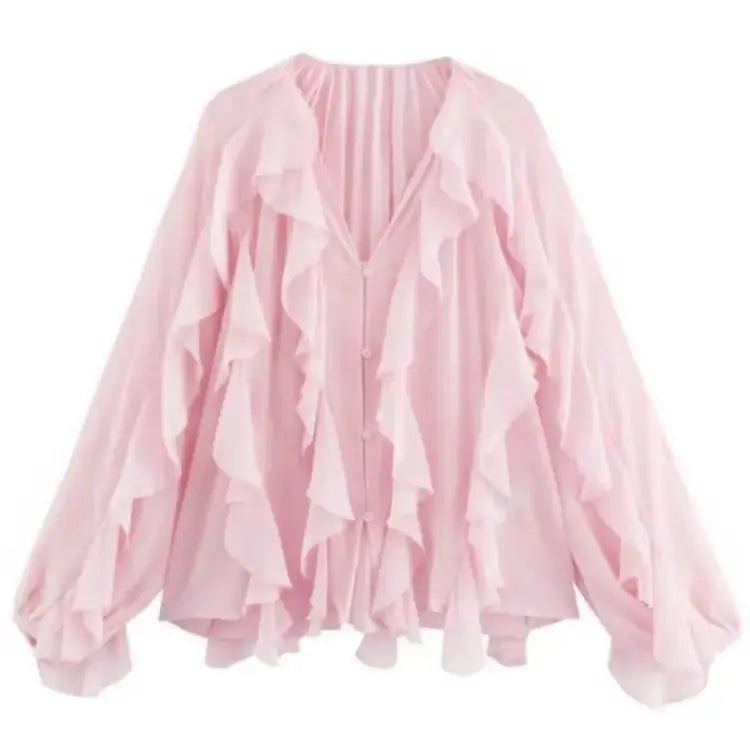 2026 Summer Chic Women's Elegant Loose Long Sleeve Layered Shirts Office Lady Vintage V-neck Translucent Tierred Ruffles Blouses - Chrissy's Eye