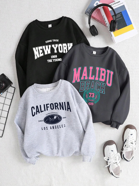 New York, California, Malibu Lettered Sweatshirts, Casual, Loose Hoodie, Fleece, Crewneck, Pullover by Chrissy'seye