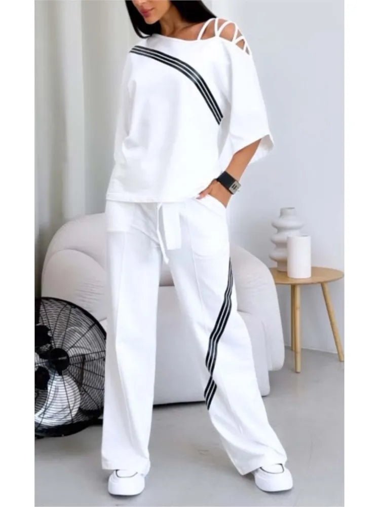 Spring Summer Women Fashion Two Pieces Sets 2025 New Off-the-shoulder Loose Short Sleeve Top And Pants Suits Outfits Clothing - Chrissy's Eye
