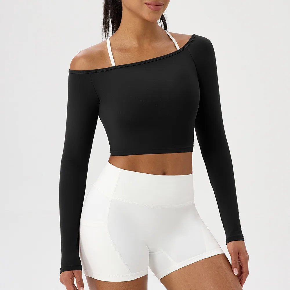 Women Sexy Off Shoulder Yoga Top Long Sleeve Gym Running Top Solid Quick-Dry Sport Workout Shirt - Chrissy's Eye