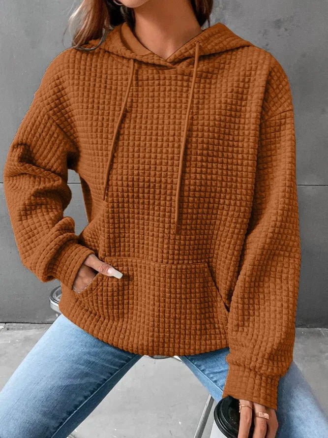 Women's hooded sweatshirt spring and autumn style waffle fashion beautiful solid color hooded drawstring loose sweatshirt - Chrissy's Eye