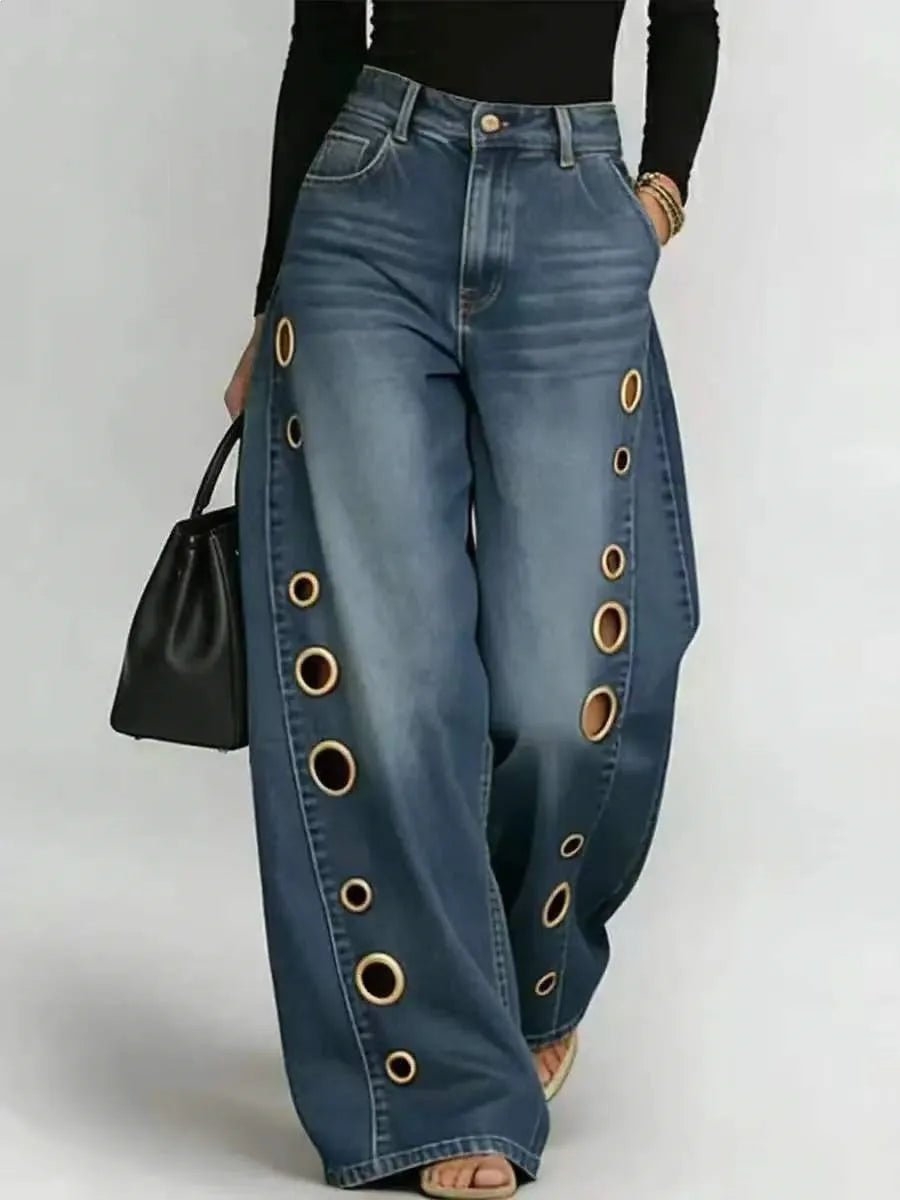 DFCF Vintage Jeans Women Fashion Casual Streetwear Jeans Y2k Loose Pockets Hollow Out Wide Leg Pants 2026 New All Season Jeans - Chrissy's Eye