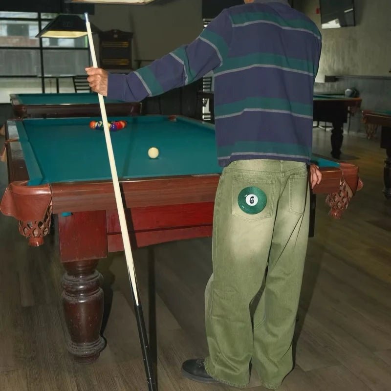 Y2K Street Matcha Denim Jeans Pocket Green 6 Ball Embroidery Denim Pants London High Street Trend Streetwear Unisex Baggy Jeans - Chrissy's Eye