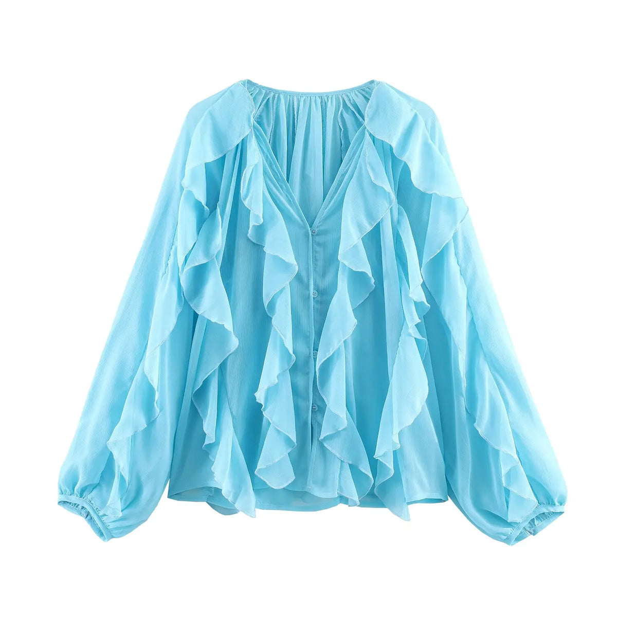 2026 Summer Chic Women's Elegant Loose Long Sleeve Layered Shirts Office Lady Vintage V-neck Translucent Tierred Ruffles Blouses - Chrissy's Eye