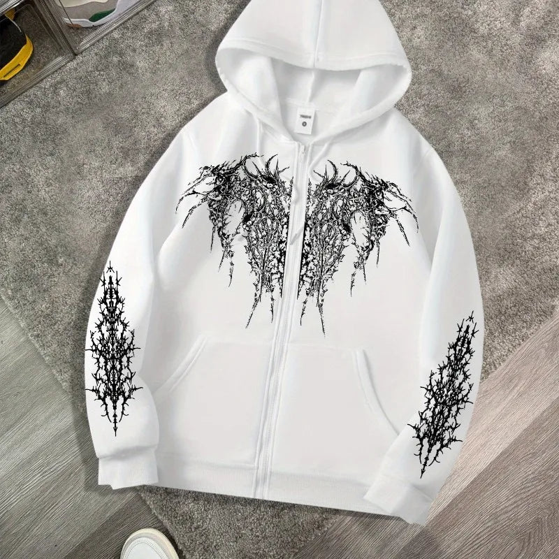 Men's Gothic Dark Print Zipper Hooded Casual Sports Sweatshirt Zipper Jacket Autumn and Winter New Casual Retro Street Style Top - Chrissy's Eye
