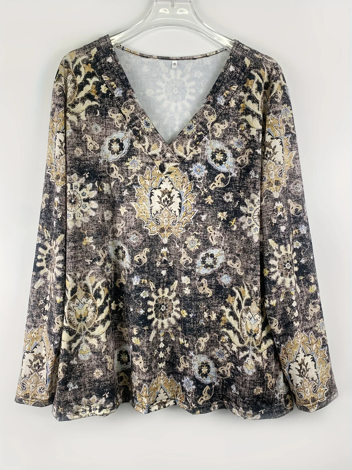 Plus Size Boho Top Women's Plus Floral Print Long Sleeve T-Shirt Casual V Neck Slight Stretch Top Clothing - Chrissy's Eye
