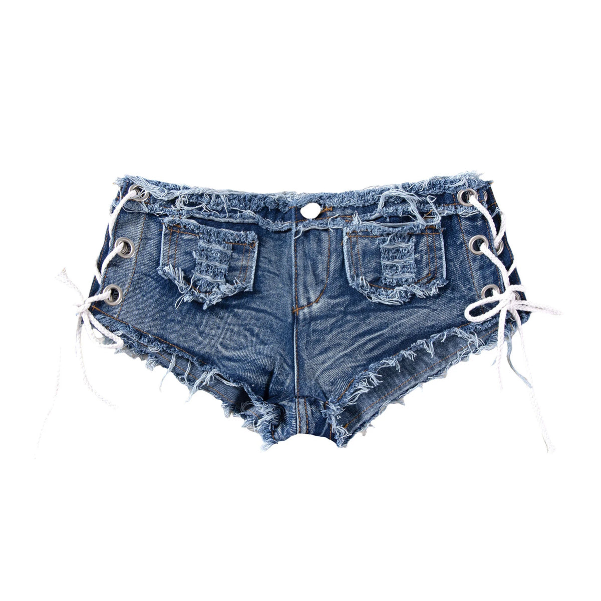 Men's Low Rise Extra Short Hot Pants Raw Edge Ripped Denim Shorts with Sides Lace-up Booty Jeans Shorts for Rave Party Clubwear - Chrissy's Eye