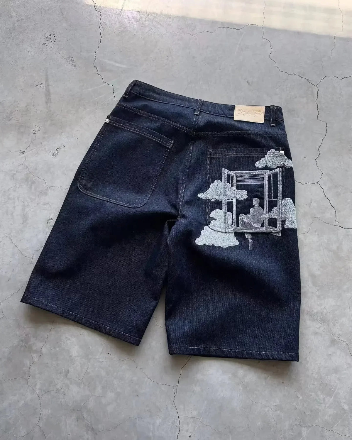 Men Dark Wash Denim Shorts Back Pocket Cherry Blossom Embroidered Loose Fit Knee Length Vintage Streetwear Casual Summer Wear - Chrissy's Eye