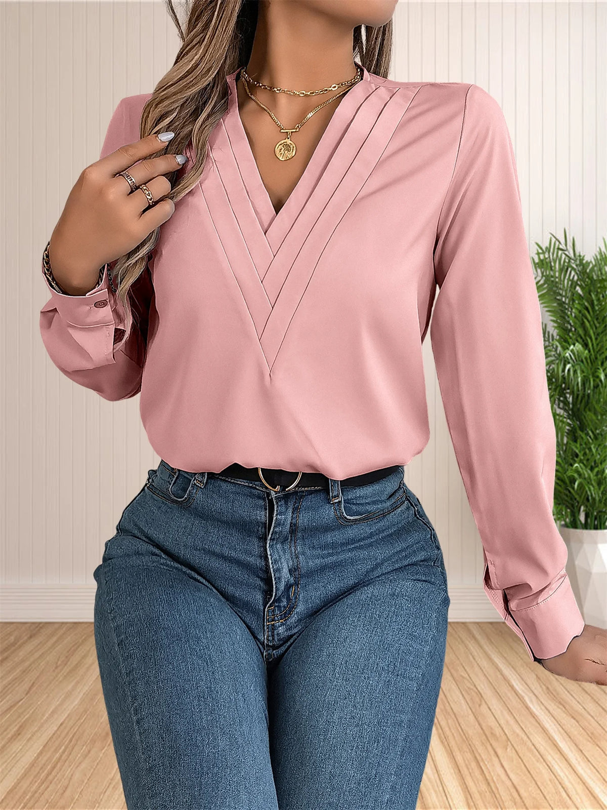 Women's Elegant Business Office Blouse Layered V Neck Long Sleeve Dressy Shirts Work Tops - Chrissy's Eye