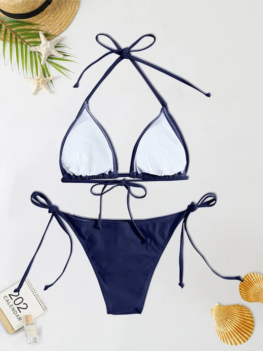 2Pcs Swimwear Thong Bikini Set Sexy New Navy Blue Swimsuits Woman Sexy Bathing Suits Bikinis Triangle Bandage Female Beachwear - Chrissy's Eye