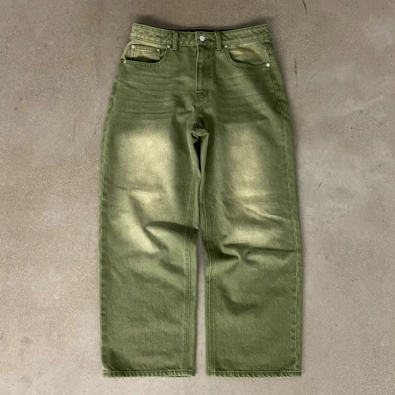 Y2K Street Matcha Denim Jeans Pocket Green 6 Ball Embroidery Denim Pants London High Street Trend Streetwear Unisex Baggy Jeans - Chrissy's Eye