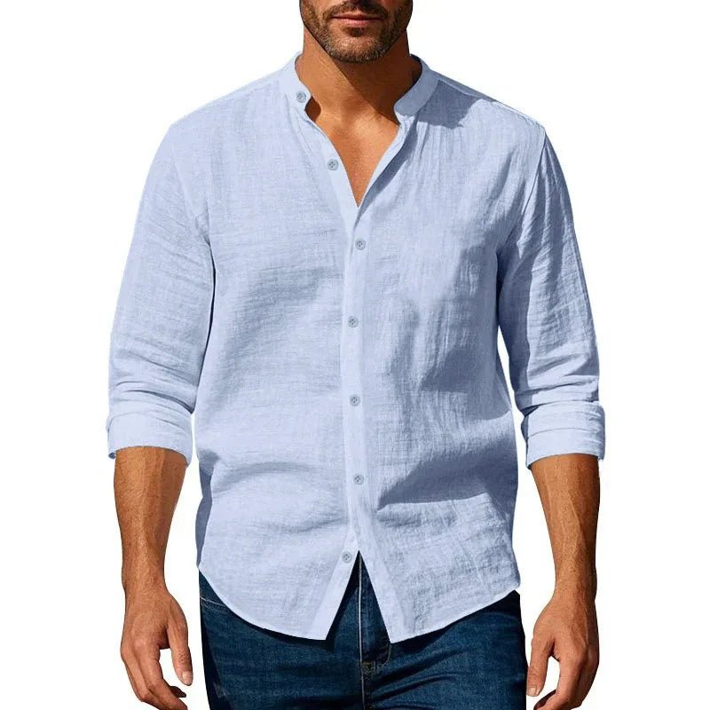 Cotton Linen Shirt for Men Henley Neck Solid Color Lightweight Breathable Slim Fit Single Breasted Shirt Long Sleeve Button Up - Chrissy's Eye