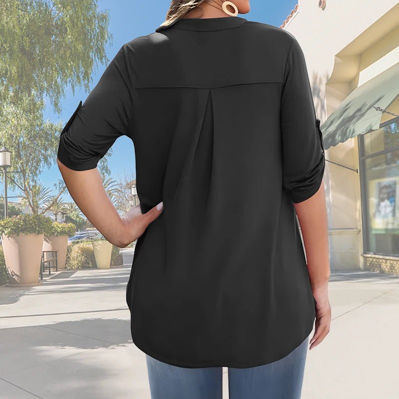 2025 New Women's Plus Size Summer Casual V-Neck Button-Front Blouse - Elegant Loose Fit Short Sleeve Machine Washable Solid - Chrissy's Eye