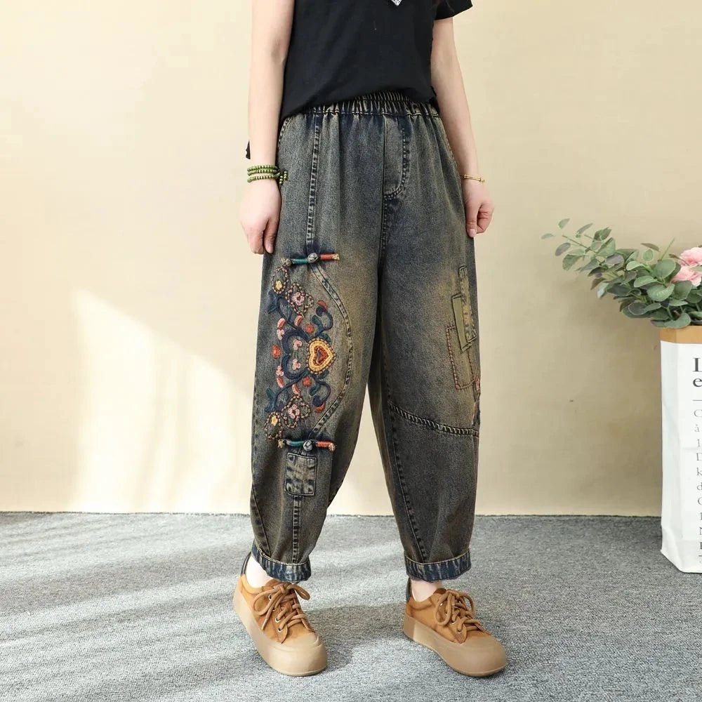 Artistic Retro Embroidered Jeans Women's Wear 2026 Spring Autumn New Loose High Waist Elastic Denim pants Female Casual Trousers - Chrissy's Eye