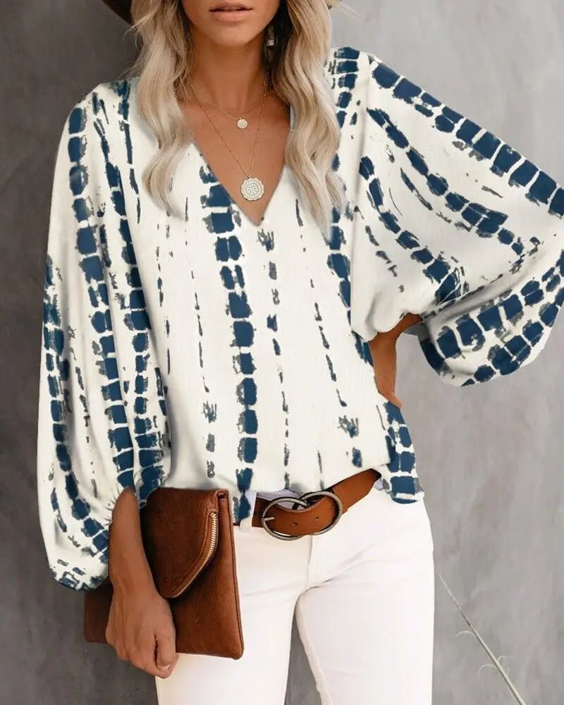 2023 New European and American Cross Boder Spring/Summer/Autumn V-neck Casual Shirt Printed Lantern Sleeve Top Women's W - Chrissy's Eye