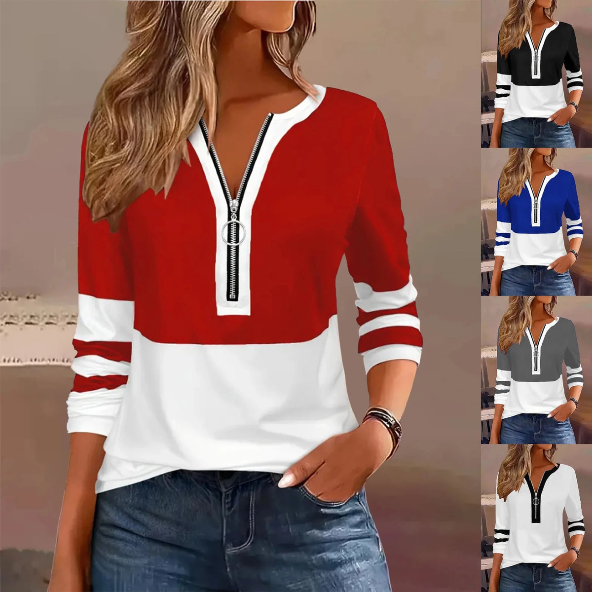 Plus Size Long Sleeve T-Shirt with Geometric Stripes & Color Block Ring Zipper Detail - Chrissy's Eye