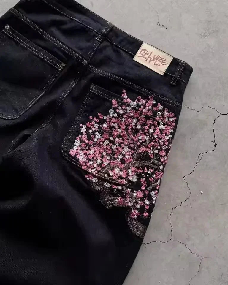 Vintage Low Waist Hip Hop Cherry Blossom Embroidered Jeans Wide Leg Trousers Y2K Clothes Mens Womes Embroidered Baggy Jeans - Chrissy's Eye