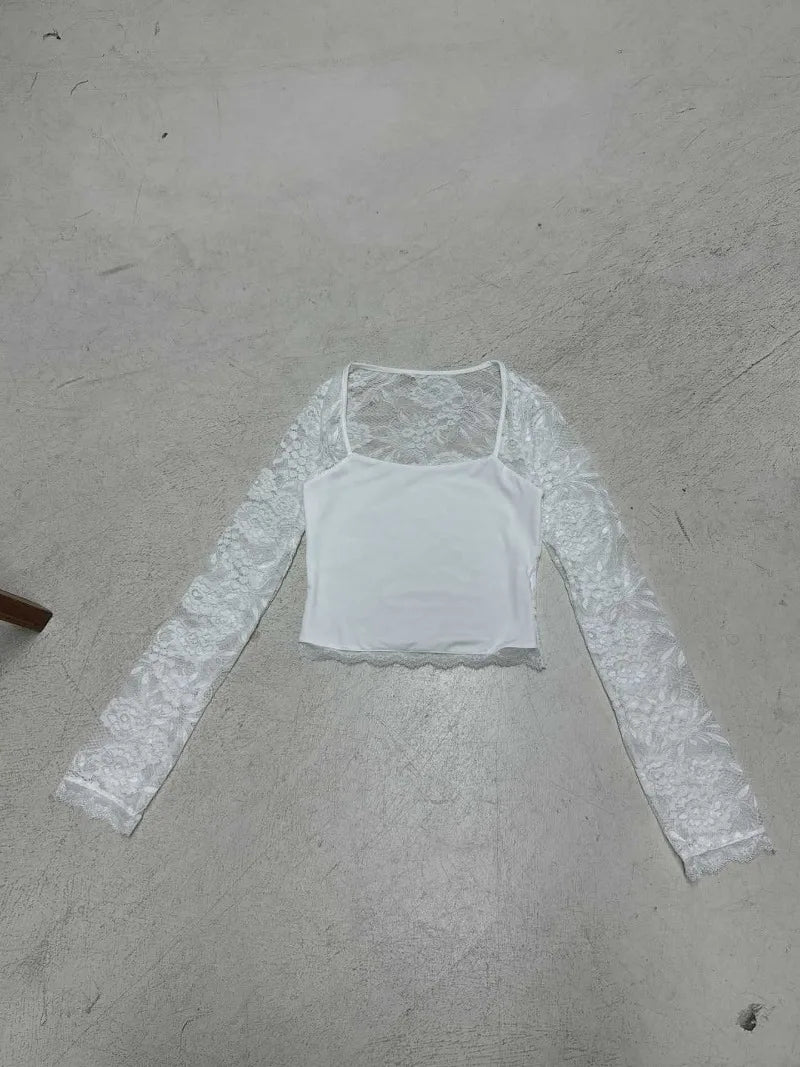 SsTss Solid Slim Sheer Lace Top for Women Fashion Hollow Out Long Sleeve Square Neck Slim Stretch Basic Crop T Shirt for Dating - Chrissy's Eye