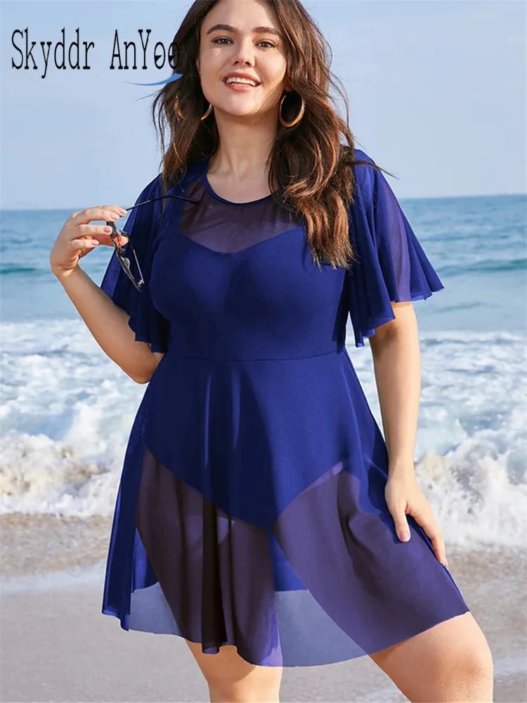 Plus Size Womens One Piece Tummy Control Swimdress Solid Mesh Patchwork Ruffle Sleeve Cover Up Swim Dress Chubby Swimsuit - Chrissy's Eye