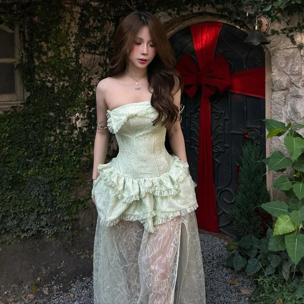 Women's Ruffle Long Dress, Chest Wrap, Backless Lace - Chrissy's Eye