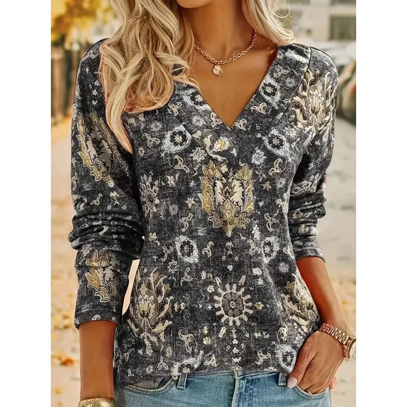 Plus Size Boho Top Women's Plus Floral Print Long Sleeve T-Shirt Casual V Neck Slight Stretch Top Clothing - Chrissy's Eye