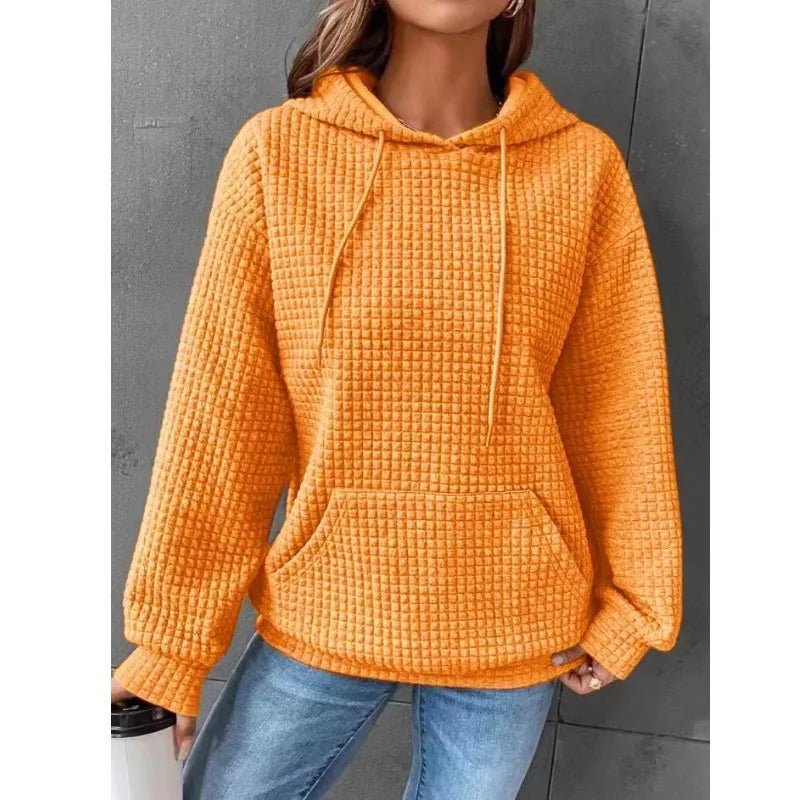 Women's hooded sweatshirt spring and autumn style waffle fashion beautiful solid color hooded drawstring loose sweatshirt - Chrissy's Eye