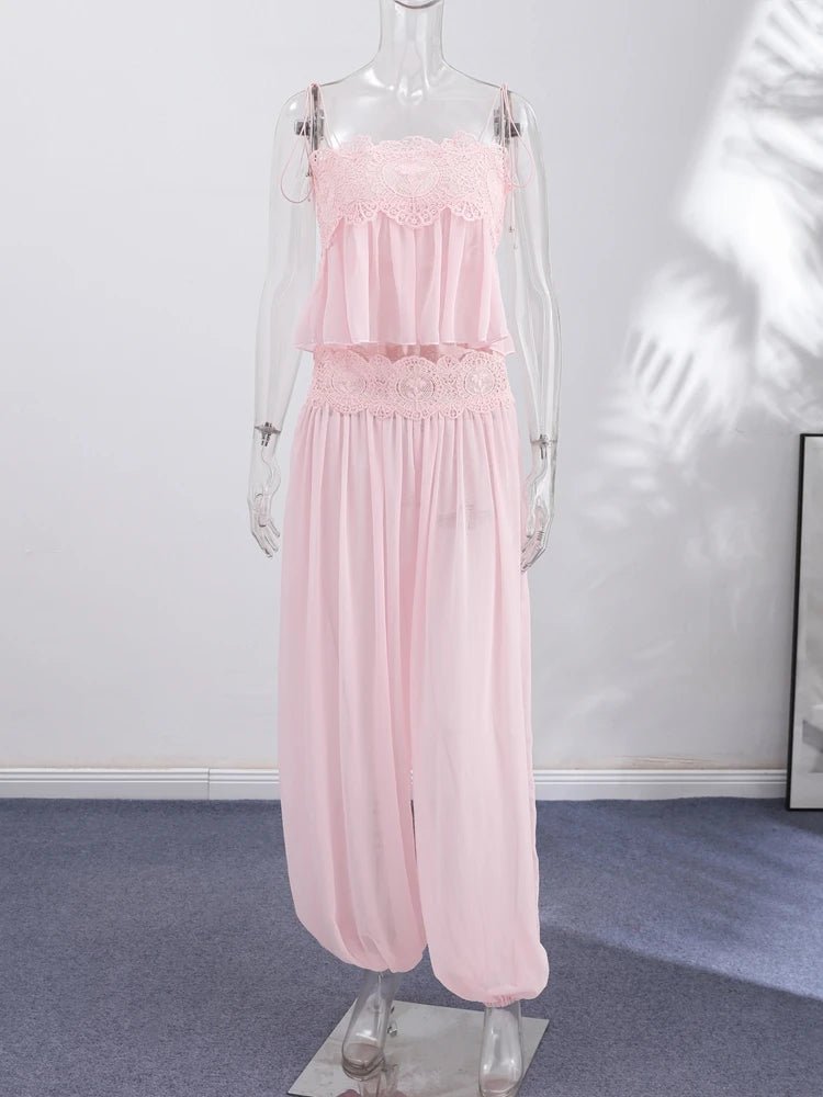 2026 Summer Fashion Square Neck Ruffled Crop Top & Long Pants 2-Piece Set Elegant Boho Resort Vacation Casual 2 Pcs Beach Outfit - Chrissy's Eye