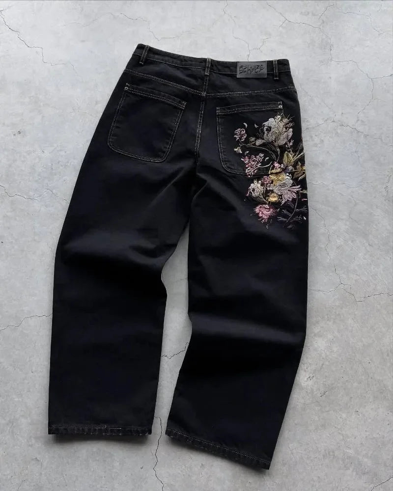 Vintage Low Waist Hip Hop Cherry Blossom Embroidered Jeans Wide Leg Trousers Y2K Clothes Mens Womes Embroidered Baggy Jeans - Chrissy's Eye