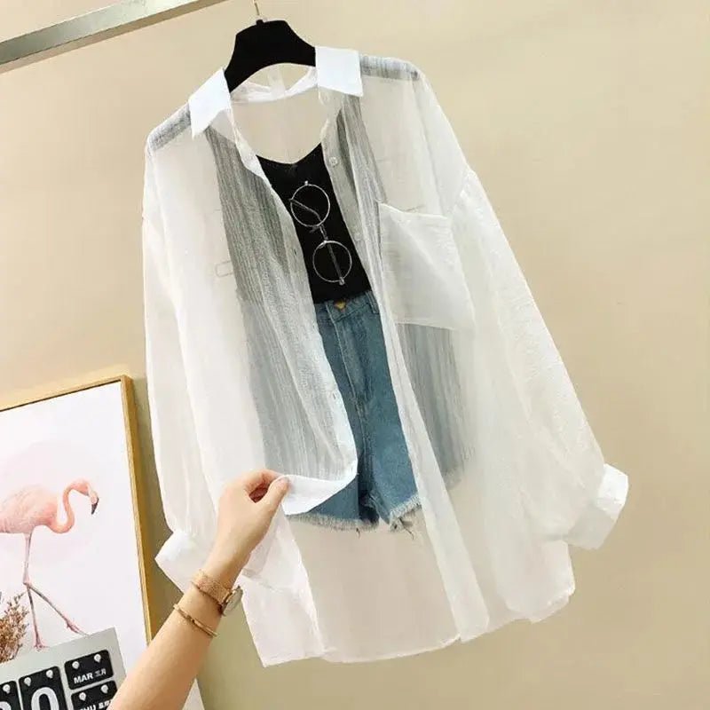 Summer Sunscreen Shirt Elegant Perspective Thin Chiffon Blouse Korean Harajuku See Through Loose Top Casual Women's Cardigan - Chrissy's Eye