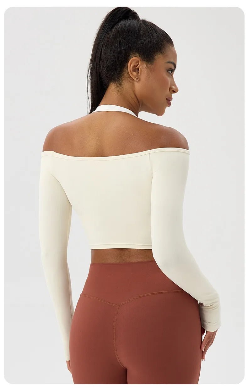 Women Sexy Off Shoulder Yoga Top Long Sleeve Gym Running Top Solid Quick-Dry Sport Workout Shirt - Chrissy's Eye