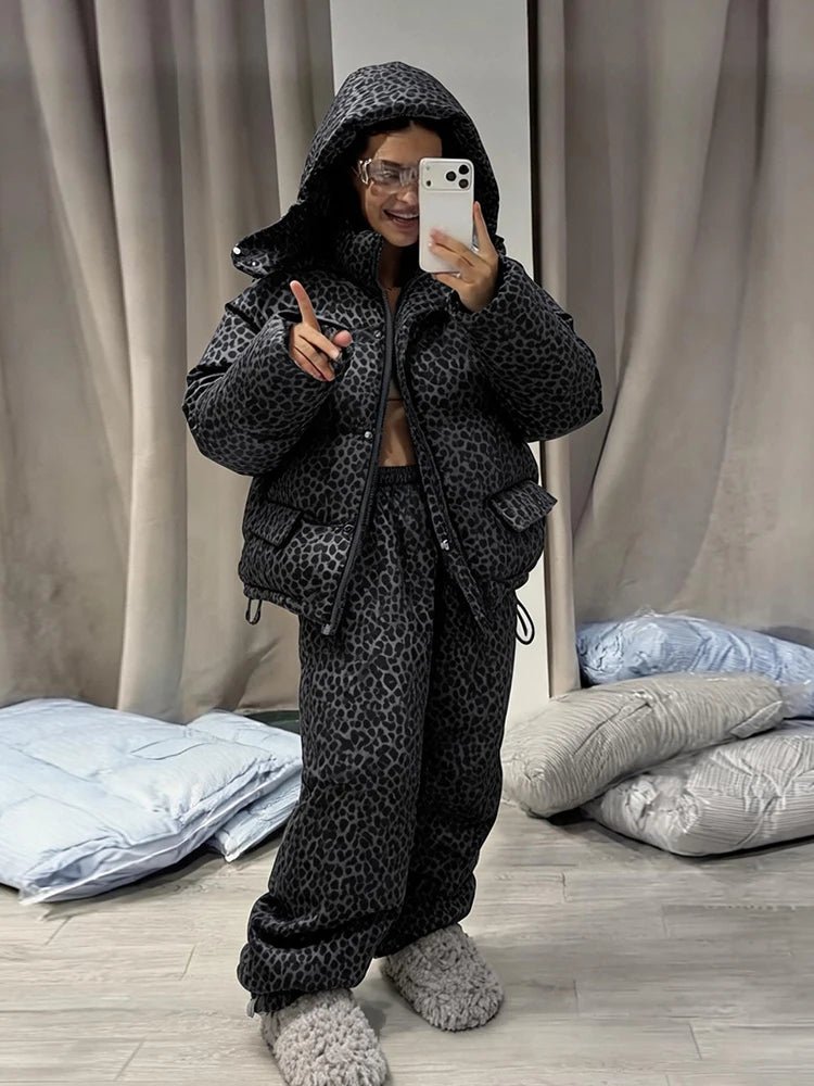 Fashion Leopard Print Women's Cotton Coat Trouser Suits Hooded Zippers Thicken Lady Set 2026 Autumn Winter Female Outfits New - Chrissy's Eye
