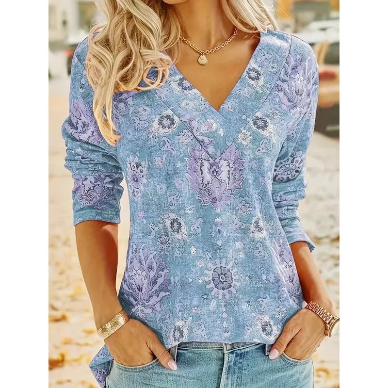 Plus Size Boho Top Women's Plus Floral Print Long Sleeve T-Shirt Casual V Neck Slight Stretch Top Clothing - Chrissy's Eye