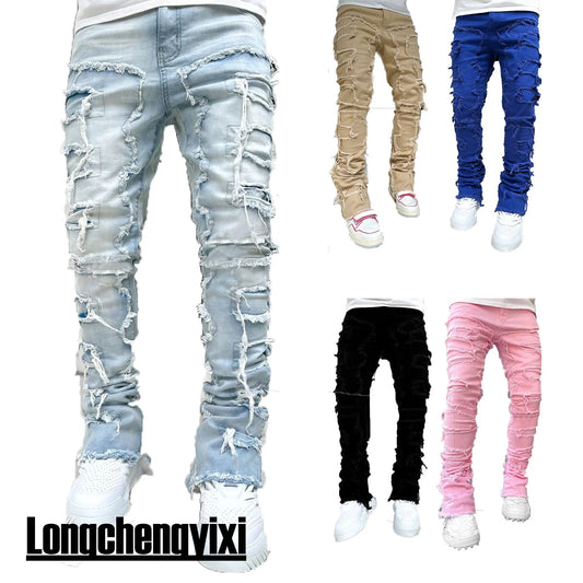 Men's Regular Fit Stacked Jeans Ripped Slim Fit Patch Distressed Destroyed Straight Denim Pants Hip Hop Streetwear Trouser Cloth - Chrissy's Eye