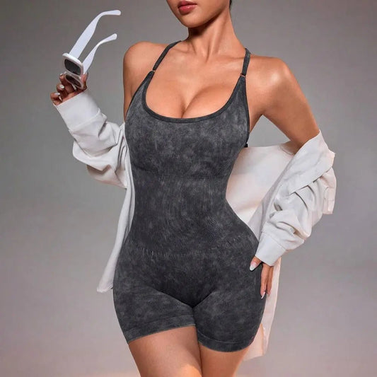 Distressed Washed Yoga Bodysuit for Women - Seamless No Panty Line Strappy Dance Leotard, Vintage Soft Workout Unitard for Gym - Chrissy's Eye