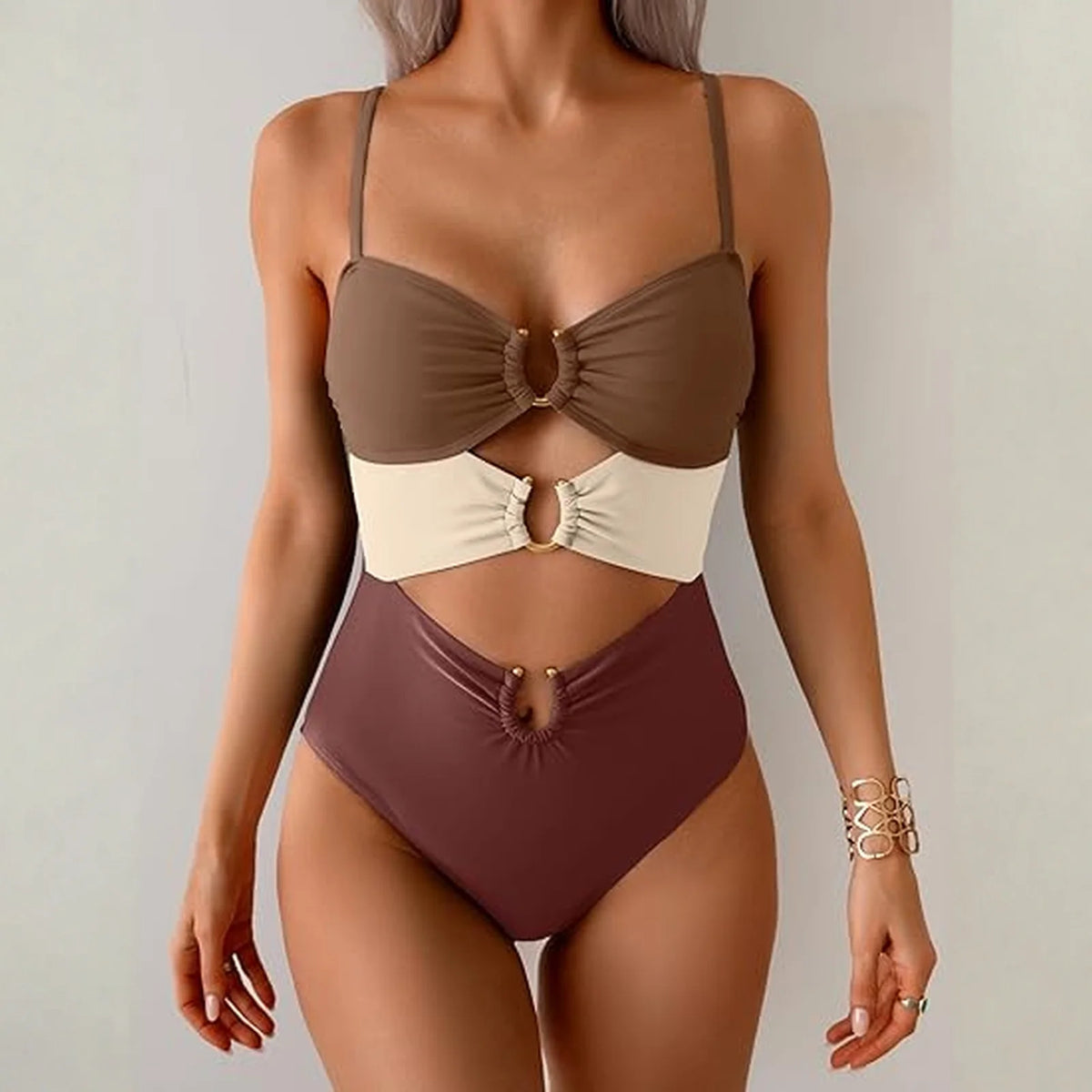 Sexy Cutout Swimsuit Solid Color Summer Spaghetti Strap Color Block Ring Detail One Piece Beach High Cut Bathing Suit - Chrissy's Eye
