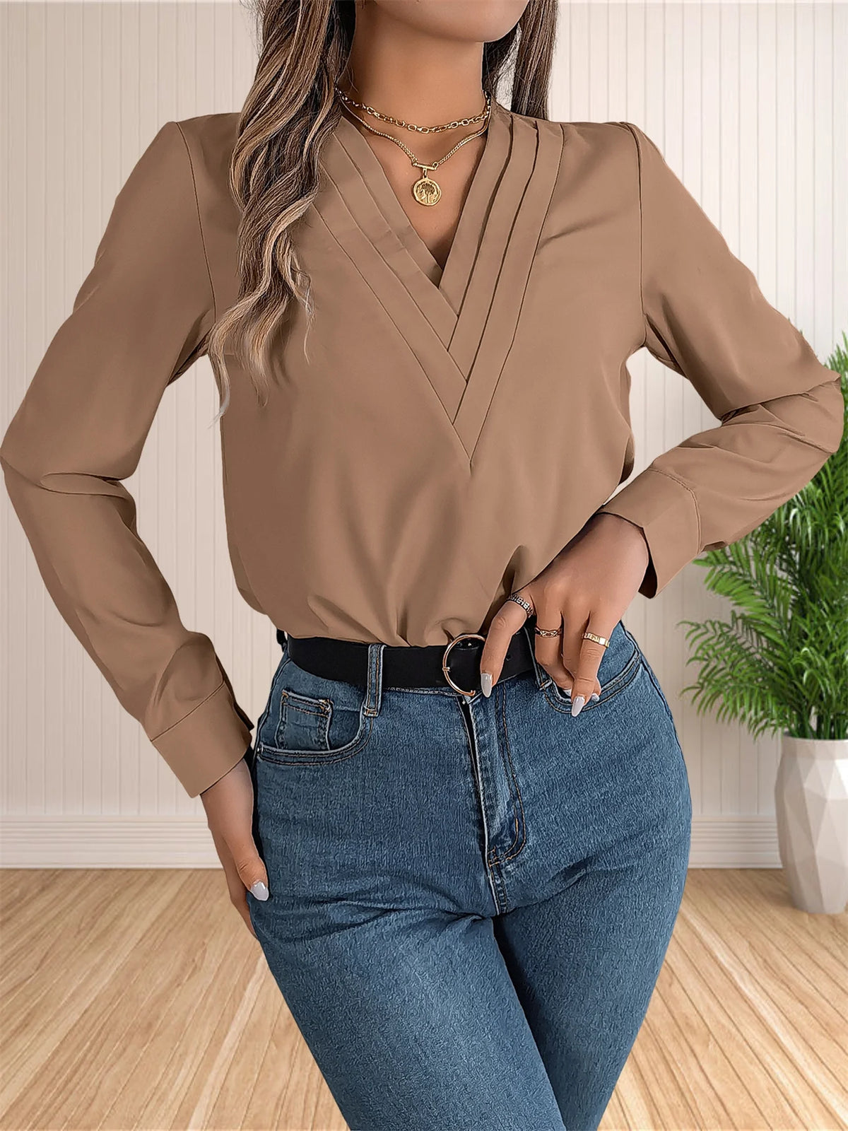 Women's Elegant Business Office Blouse Layered V Neck Long Sleeve Dressy Shirts Work Tops - Chrissy's Eye