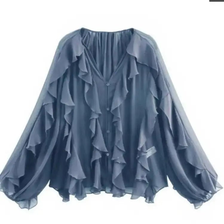 2026 Summer Chic Women's Elegant Loose Long Sleeve Layered Shirts Office Lady Vintage V-neck Translucent Tierred Ruffles Blouses - Chrissy's Eye