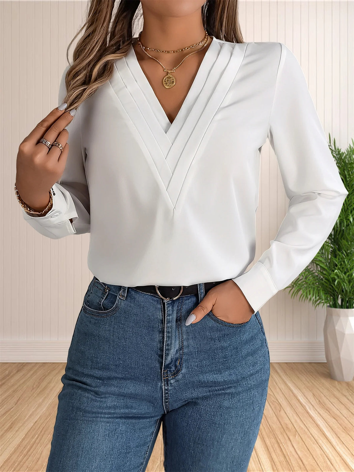 Women's Elegant Business Office Blouse Layered V Neck Long Sleeve Dressy Shirts Work Tops - Chrissy's Eye