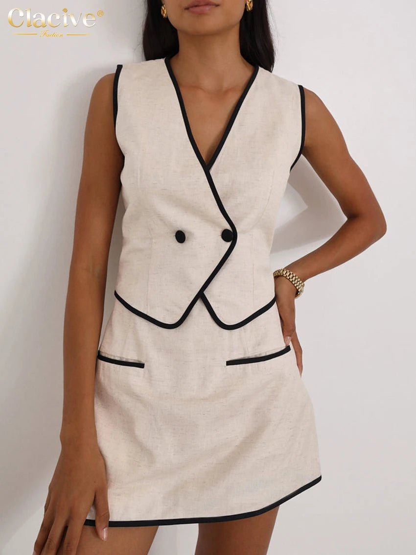 Clacive Summer Slim Khaki Cotton 2 Piece Set Woman Outfit 2025 Fashion Sleeveless Crop Top With High Waist Shorts Set Streetwear - Chrissy's Eye