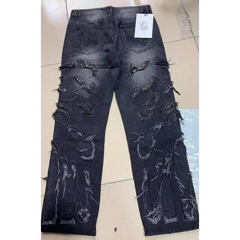 Men's Baggy Streetwear Jeans Retro Fashion Wide Leg Denim Pants Graphic Embroidered Designer Hip Pop Denim Trousers - Chrissy's Eye