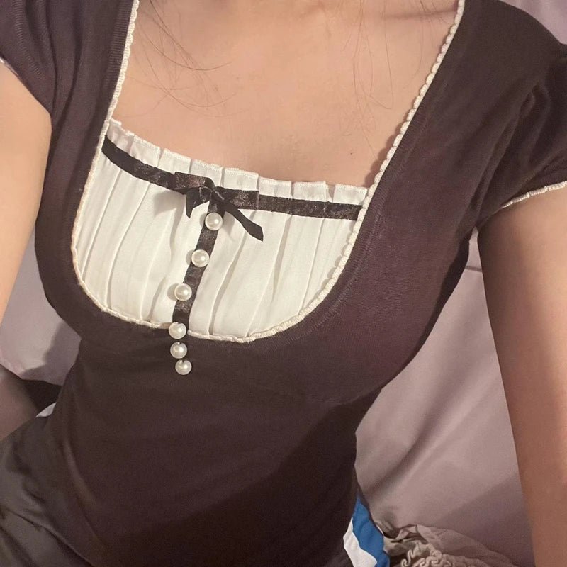 Grunge T-shirt Women Preppy Bow Crop Top Vintage Patchwork Square Collare Puff Sleeve Milkmaid Top - Chrissy's Eye