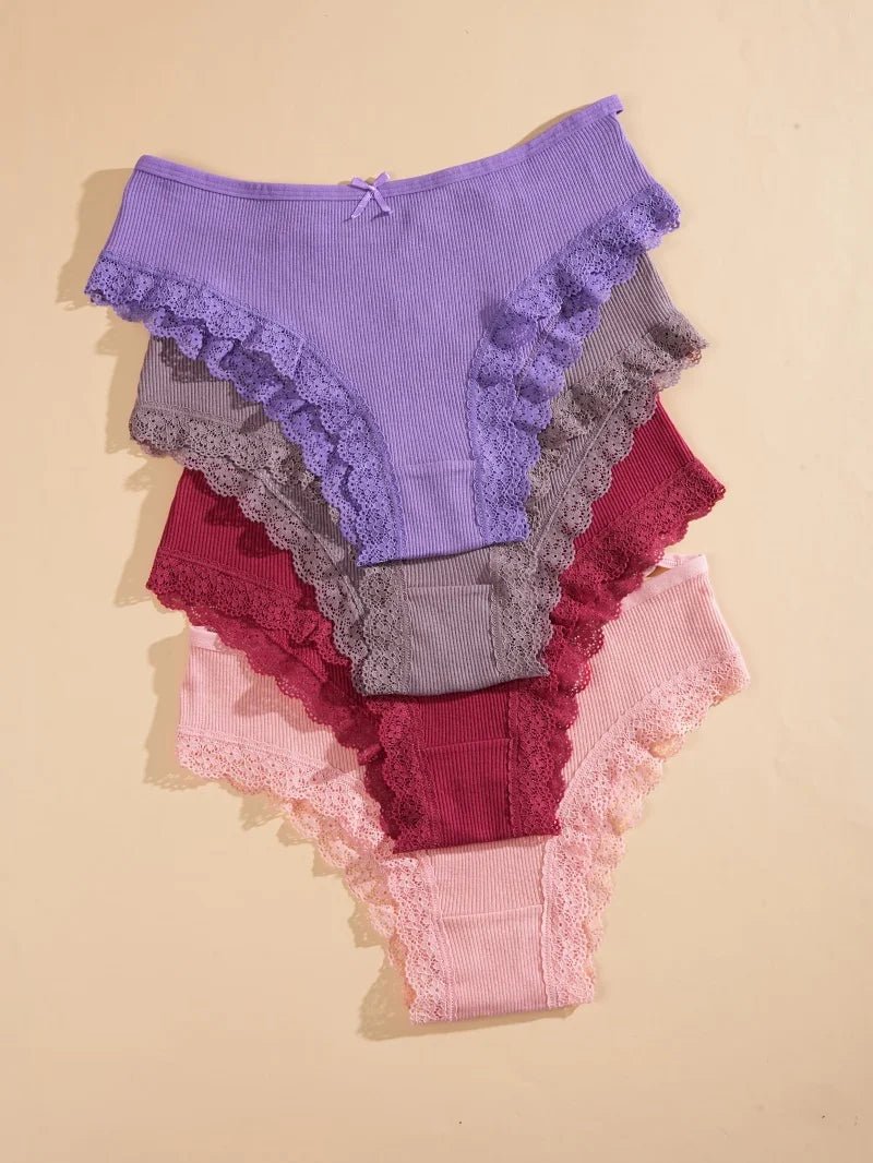 8PCS Women's Cotton Fabric Panties Sexy Lace Bowknot Solid Color Bikini Underpants Fashion Double Straps Comfortable Underwear - Chrissy's Eye