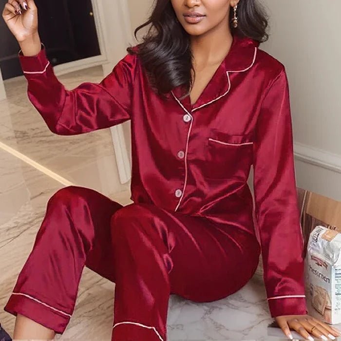Plus Size Fall and Winter Silk Satin Women Pajamas Set Button down Top & Trousers 2 PCS Set Sleepwear Solid Nightwear Loungewear - Chrissy's Eye