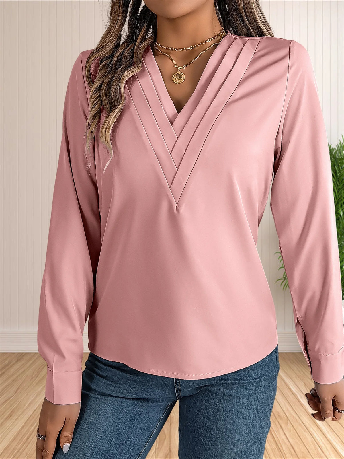 Women's Elegant Business Office Blouse Layered V Neck Long Sleeve Dressy Shirts Work Tops - Chrissy's Eye
