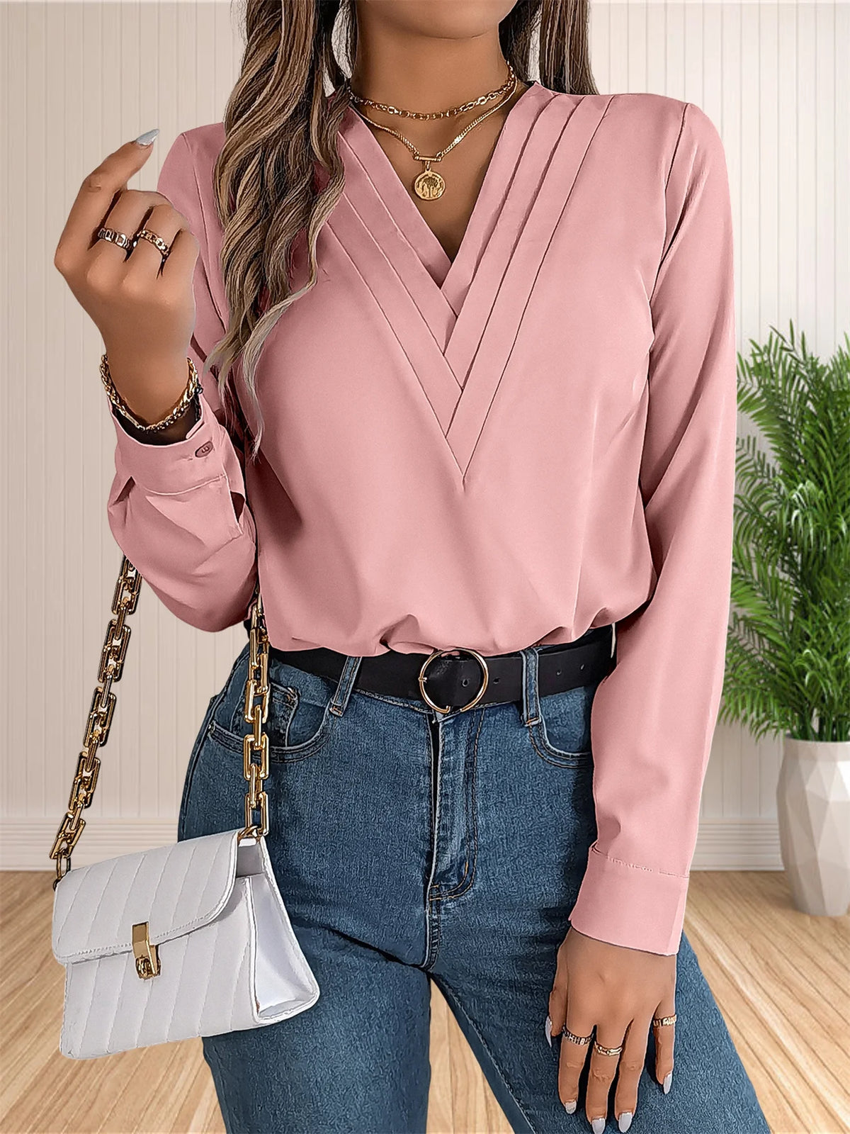 Women's Elegant Business Office Blouse Layered V Neck Long Sleeve Dressy Shirts Work Tops - Chrissy's Eye