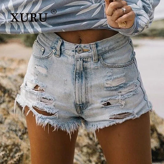 XURU - New Women's High Waisted Ripped Tassel Denim Shorts for Women, Hot Pants, Light Blue Short Jeans - Chrissy's Eye