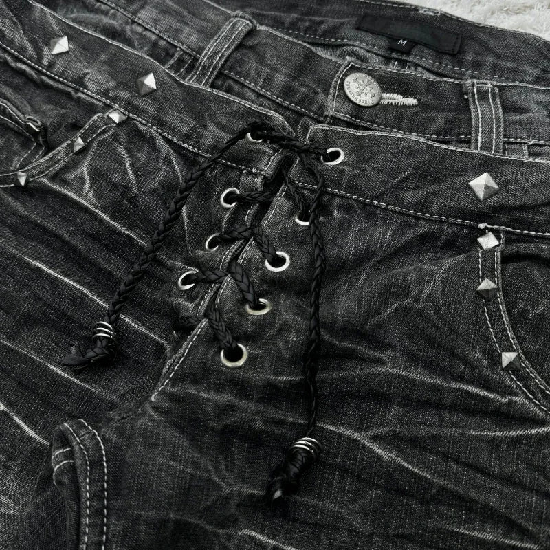 New Retro Double Waisted Lace Up Micro Flared Women Pants Streetwear Y2K Washed High-Quality Design Sense Men and Women Jeans - Chrissy's Eye